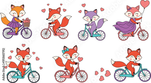 Cute fox characters riding bicycles with hearts in romantic playful poses, adorable cartoon animals in flat vector illustration set