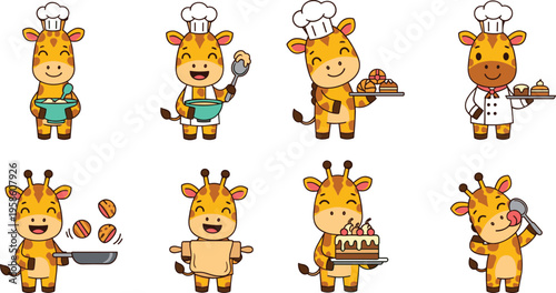 Cute giraffe chef characters cooking and baking with food, cakes, and kitchen tools in playful cartoon flat vector illustration set