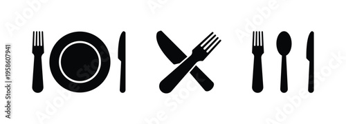 Set of fork, knife, spoon. Logotype menu. Set in flat style. Silhouette of cutlery. Vector illustration EPS 10.