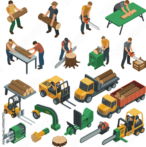 Isometric lumber industry illustration, logging, wood cutting, chainsaw operation, timber transport, forklifts, and woodworking machines, forestry production vector set