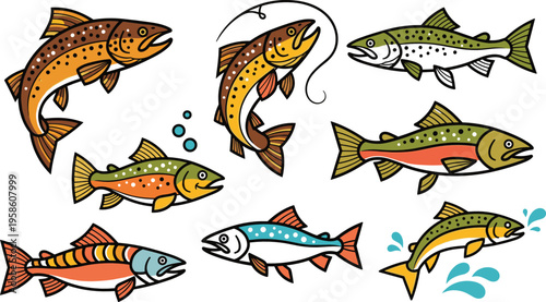 Colorful fish collection with different freshwater species in dynamic poses, detailed cartoon aquatic animals in flat vector illustration set