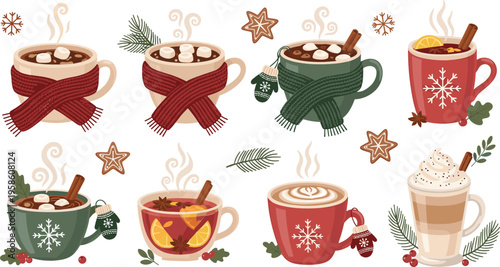 Cozy winter drinks collection with hot chocolate, coffee, tea, and festive mugs with scarves in seasonal flat vector illustration set