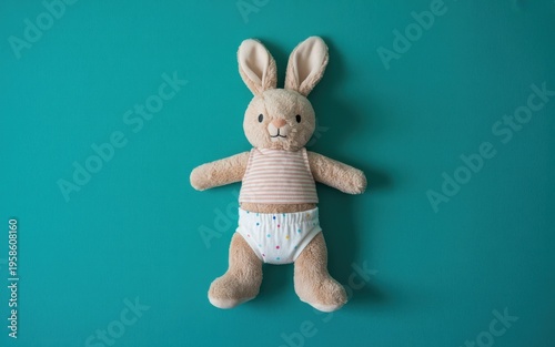 A stuffed rabbit toy lies on a teal background wearing a diaper.
