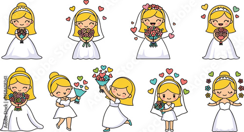 Cute bride characters in wedding dresses holding bouquets with hearts, adorable cartoon girls in romantic flat vector illustration set