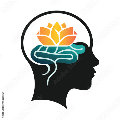 Vector illustration of a human head silhouette with a lotus flower and brain, representing mindfulness, mental health, and spiritual growth