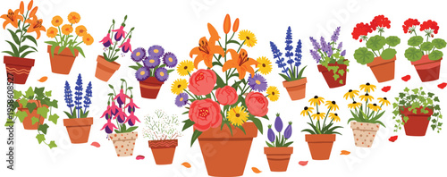 Potted Plant and Garden Flower Collection Featuring Terracotta Pots with Lilies Geraniums Fuchsia and Ivy for Home Decor Nursery Branding and Spring Gardening Vector Illustrations