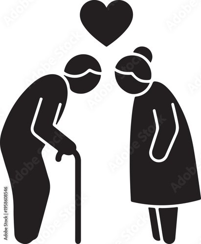 Vector art of black silhouette of elderly couple with a heart