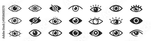 Eye icon set, vision and sight symbols, minimal outline simple flat vector collection for interface design isolated on transparent background