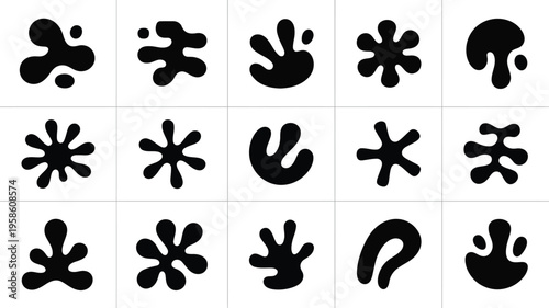Abstract black vector graphic symbols set with various shapes and patterns on white background for design elements