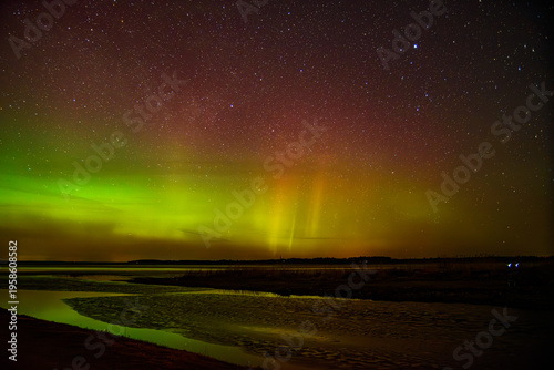 Aurora borealis glowing over calm water under starry night sky with vivid green and red northern lights.