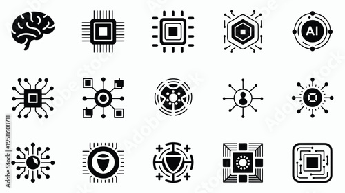 Artificial intelligence icons set brain microchip circuit board symbols for technology and innovation concepts