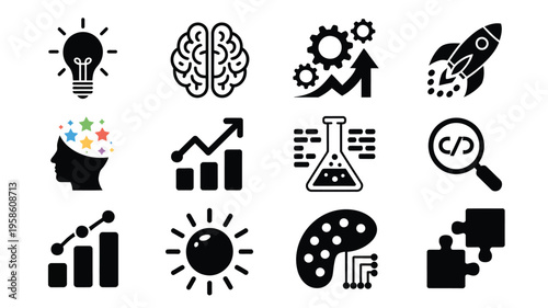 Black vector icons set for business technology and creative concepts on white background