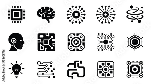 Collection of black and white technology icons showcasing various circuit board and brain symbols on a clean white background
