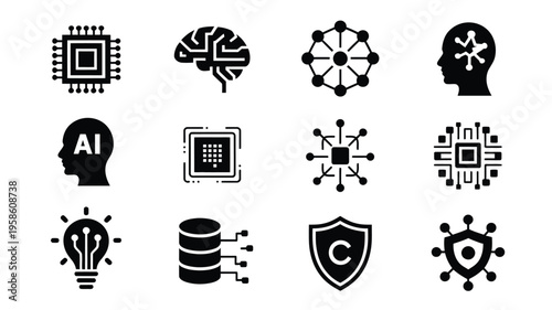 Minimalist techno icons for ai technology and innovation concepts on white background