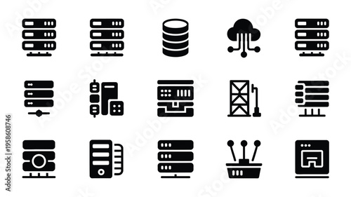 Minimalist vector icons for server database and cloud computing on white background