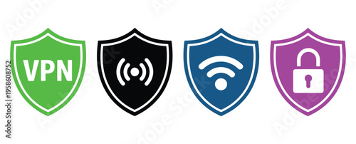 Cyber security shield icon set with VPN, Wi-Fi, and lock symbols, vector illustration collection for data protection, network security, encryption, and safe internet access