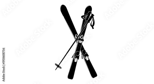 Skis and ski poles crossed on white background for winter sports and adventure concepts