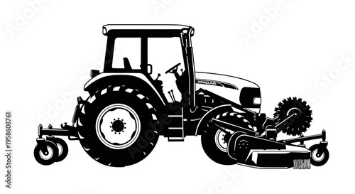 Tractor with mower attachment cutting grass in a field or lawn on a sunny day with clear sky