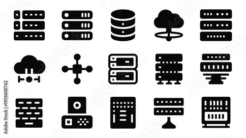 Collection of black vector icons depicting various computer and technology symbols including servers databases and cloud storage on a white background