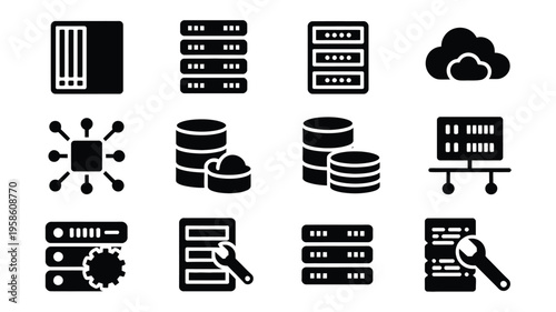Vector icons of various computer servers databases and cloud storage symbols in black on white background for tech and data concepts