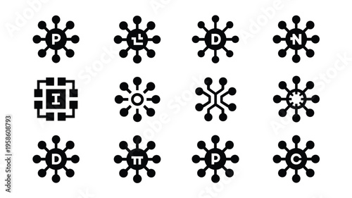 Collection of twelve ultra clean technology icons with letters on white background