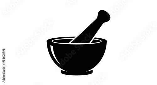 Black mortar and pestle icon on white background for pharmacy or laboratory use