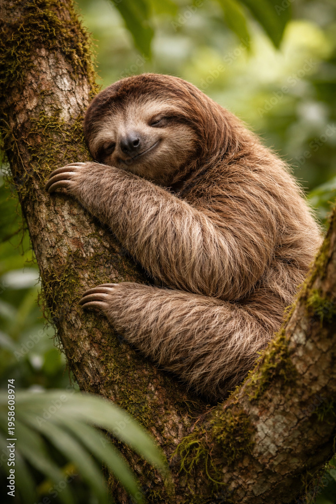 Fototapeta premium A sloth sleeping in a tree in the rainforest
