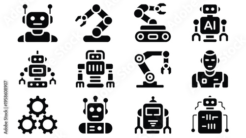 Collection of minimalist robotic icons for technology and ai concepts on white background
