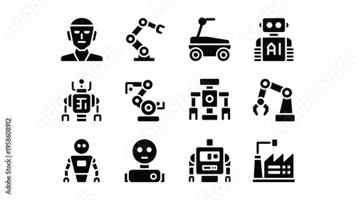 Minimalist vector icons of robots ai and automation technology including humanoid and industrial robots gears and mechanical arms on a white background