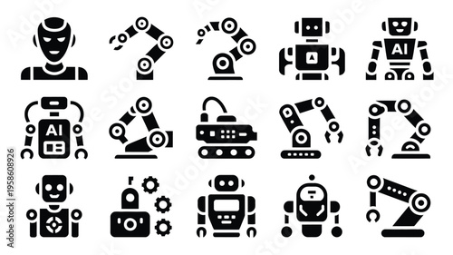 Collection of modern robot and ai technology icons in black and white featuring various mechanical and artificial intelligence symbols for design and innovation