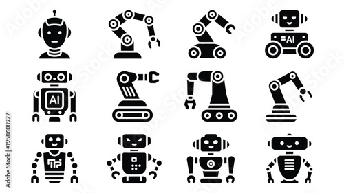 Vector icons featuring robotic arms ai robots and futuristic technology symbols for design and innovation
