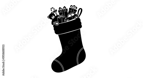 Black christmas stocking filled with gifts and bows on white background holiday decoration