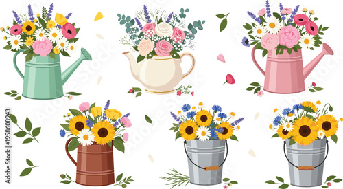 Rustic Shabby Chic Floral Arrangement Vector Set Featuring Vintage Teapots Ceramic Kettles and Metal Buckets with Roses Sunflowers and Lavender for Cottagecore Wedding Designs