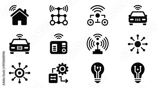 Collection of twelve ultra clean iot icons with wireless connectivity symbols depicting smart devices and technology