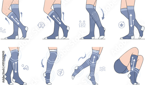 Compression Socks Benefits Infographic Showing Circulation Support Pain Relief Swelling Reduction and Muscle Recovery for Legs with Medical Illustration Set