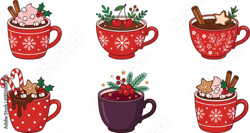 Vector set of Christmas hot chocolate mugs with whipped cream marshmallows cinnamon sticks candy canes and holly berries for winter holiday seasonal drink celebration