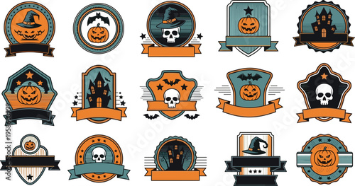 Halloween Badge and Label Set with Pumpkin, Skull, Haunted House, and Ribbon Banner Vintage Style Vector Illustration Collection