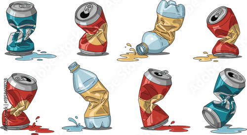 Crushed Plastic Bottles and Aluminum Cans with Liquid Spills Showing Waste Pollution Recycling Concept and Environmental Damage Illustration Set