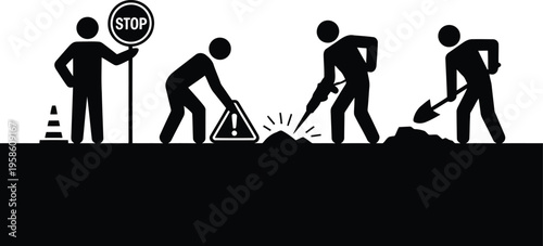 Four black stick figures demonstrate construction activities on a black ground against a white background