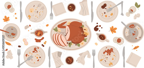 Thanksgiving Roast Turkey Dinner Top View with Plates Cutlery Autumn Leaves and Festive Table Setting for Holiday Celebration Illustration