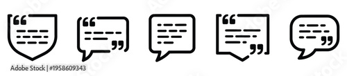 Five quote mark speech balloon graphics collection with varied borders and text blocks, vector illustration set for dialogue, communication