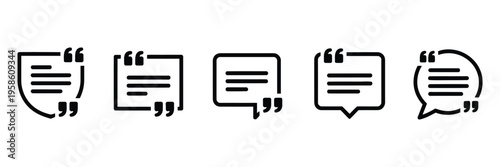 Five quote mark speech balloon graphics collection with varied borders and text blocks, minimal line art vector pack for messaging, quotes
