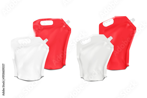 Blank large die cut carrying handle spouted stand-up pouch. Realistic 3d vector mockup set. Nozzle plastic bag with screw cap, liquid product packaging. Mock-up. White, color. Easy editable template