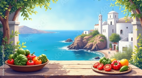 A vibrant illustration of a Mediterranean coastline featuring fresh vegetables on wooden tables with a picturesque village in the background.