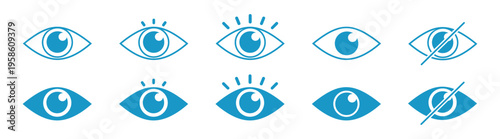 Eye icon set, vision and visibility symbols, minimal outline vector collection for interface design on transparent background