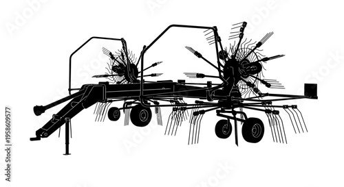 Agricultural hay rake machine with wheels and tines for farming and harvesting crops on a plain white background