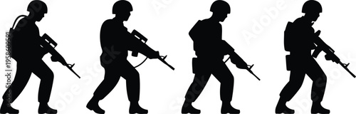 Four distinct black silhouettes of soldiers wearing helmets and carrying rifles while walking forward