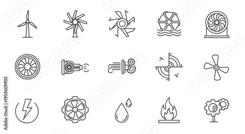 Collection of Technical Line Icons Featuring Electrical, Mechanical, and Environmental Symbols