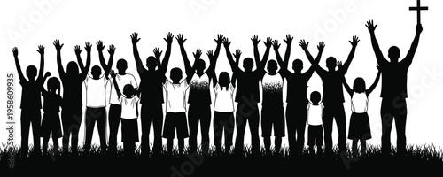 Silhouette of a diverse Christian community group standing in a field with raised hands in worship, holding a cross, praising God (20 words)