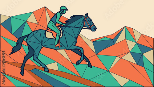 Cubist style vector landscape, fragmented horse and rider, colorful geometric mountains